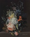A rose a snowball daffodils irises and other flowers in a glass vase on a stone ledge Jan van Huysum classical flowers
